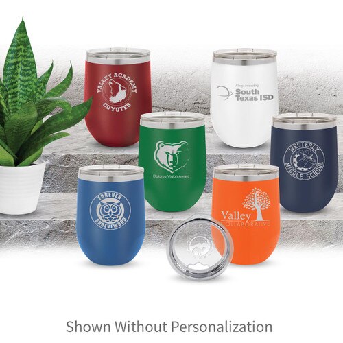 multiple colors of 12 oz. stainless steel tumblers with custom logos