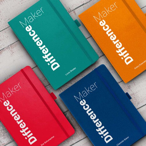multiple colors of difference maker journals with personalization