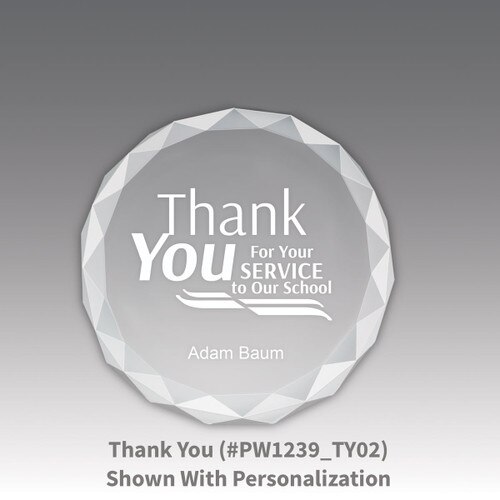 crystal faceted round paperweight with thank you message