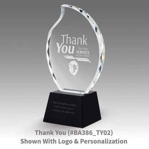 faceted crystal flame base award with thank you message