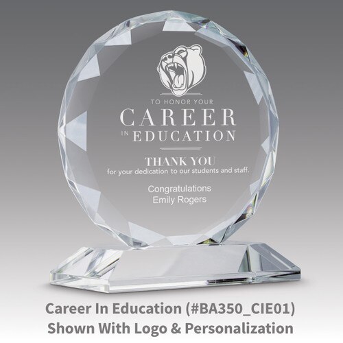 faceted circle optic crystal base award with career in education message