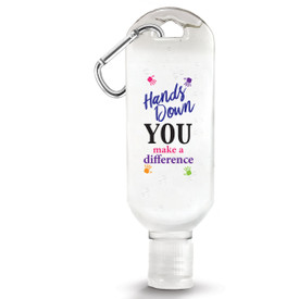 1 oz. Antibacterial Hand Sanitizer Gel with Carabiner Featuring “Hands Down You Make A Difference” Message