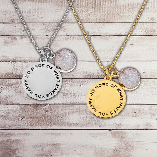 gold and silver necklaces with “Do More Of What Makes You Happy” message