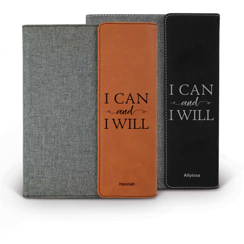 heather gray padfolios with black and rawhide accents featuring I Can And I Will message