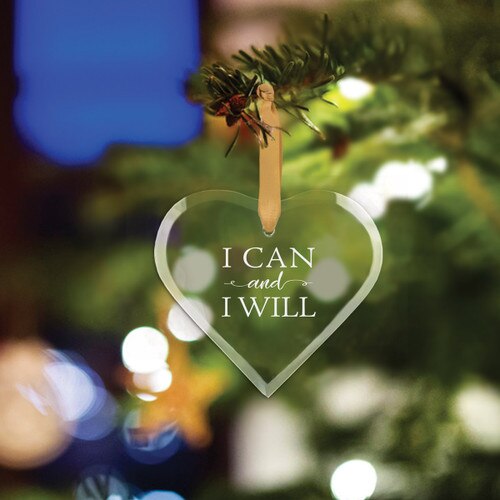 heart shaped crystal ornament with i can and i will message and gold ribbon