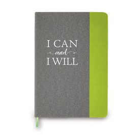 This Heather Gray Hardbound Journal With A Color Block Accent And Satin Ribbon Features The Inspirational Message “I Can And I Will”
