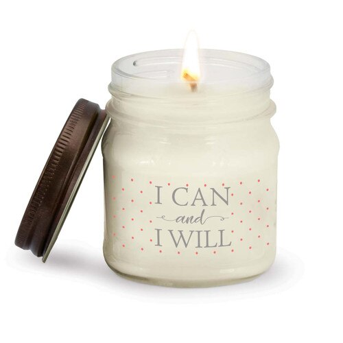 This Mason Jar Natural Soy Handmade Candle with Rustic Lid Features The Inspirational Message “I Can And I Will” 