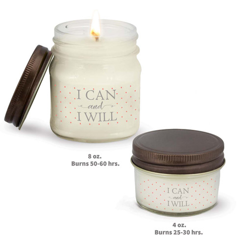 two white candle in glass jar with i can and i will message