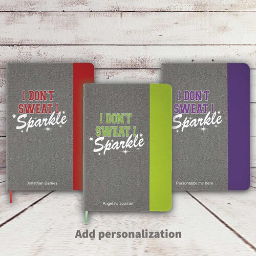heather gray hardbound journals with red, green, and purple accents with I Don't Sweat message and personalization