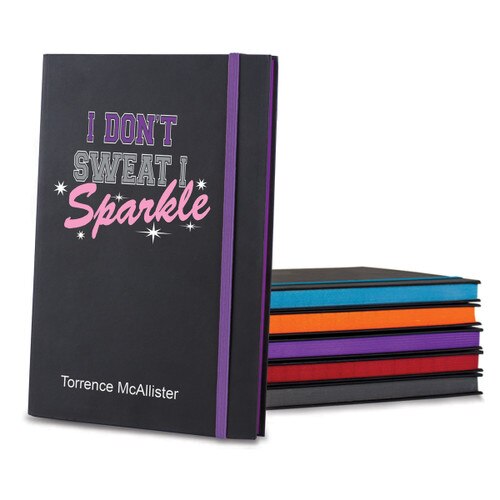 black matte journals in multiple accent colors with I Don't Sweat message and personalization