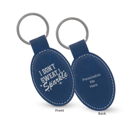 blue oval leather keychains with i don't sweat message and personalize me on the back