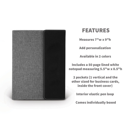 black accented heather gray padfolio with product detail features