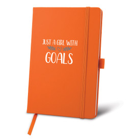 This Hardbound Journal With A Satin Ribbon And Elastic Band Features The Inspirational Message “Just A Girl With Goals”