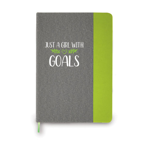 This Heather Gray Hardbound Journal With A Color Block Accent And Satin Ribbon Features The Inspirational Message “Just A Girl With Goals”