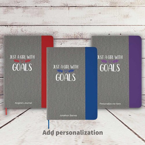 heather gray journals with red, green, and purple accents with Just A Girl With A Goal message and personalization