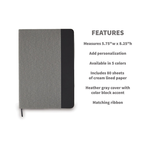 heather gray hardbound journals with black accent and product detail features