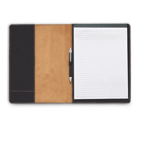 opened black padfolio with notepad and pen