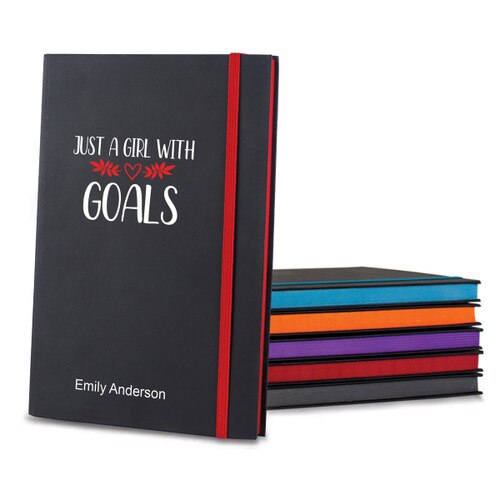 black matte journals in multiple accent colors with Just A Girl message and personalization