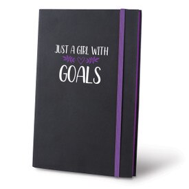 This Matte Black, UltraHyde Hardbound Journal With A Colorful Elastic Band Features The Inspirational Message “Just A Girl With Goals”