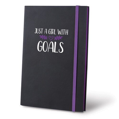 This Matte Black, UltraHyde Hardbound Journal With A Colorful Elastic Band Features The Inspirational Message “Just A Girl With Goals”