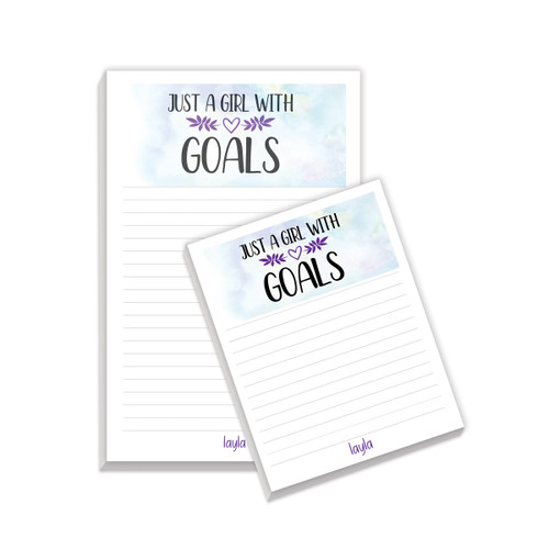 Large and Small Personalized Notepad Features The Inspirational Message “Just A Girl With Goals” 