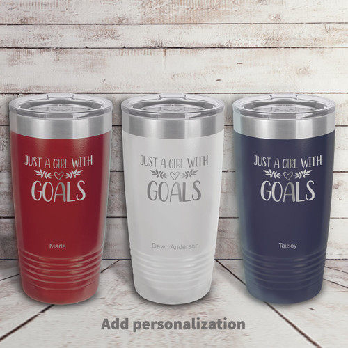 red, white, and navy blue stainless steel tumbler with Just A Girl message and personalization