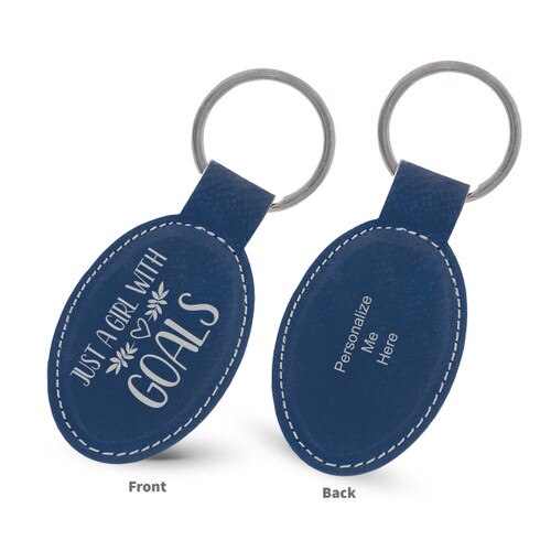blue oval leather keychains with believe message and personalize me on the back