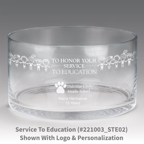 large crystal recognition bowl with service to education message