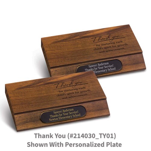 laser engraved walnut bases with thank you message and personalized brass plate
