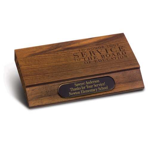 laser engraved walnut base with service to the board message message and personalized brass plate