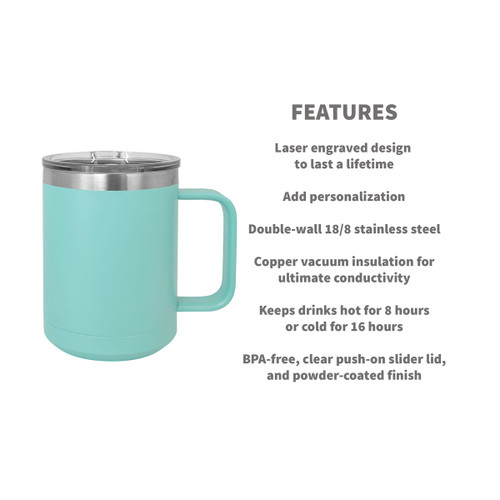 teal insulated mug with product detail features