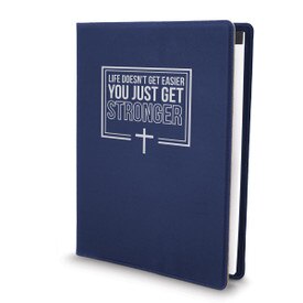 This Large Vegan Leather Padfolio With Notepad, Two Pockets, And Interior Elastic Pen Loop Features The Inspirational Message “Life Doesn’t Get Easier You Just Get Stronger”