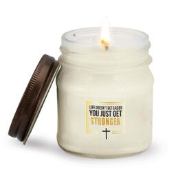 This Mason Jar Natural Soy Handmade Candle with Rustic Lid Features The Inspirational Message “Life Doesn’t Get Easier You Just Get Stronger”