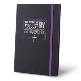 This Matte Black journal With A Colorful Elastic Band Features The Inspirational Message “Life Doesn’t Get Easier You Just Get Stronger”