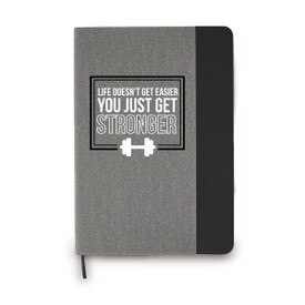 This Heather Gray Hardbound Journal With A Color Block Accent Features The Inspirational Message “Life Doesn’t Get Easier You Just Get Stronger”