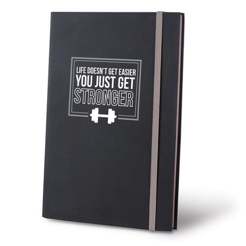 This Matte Black Journal With A Colorful Elastic Band Features The Inspirational Message “Life Doesn’t Get Easier You Just Get Stronger”