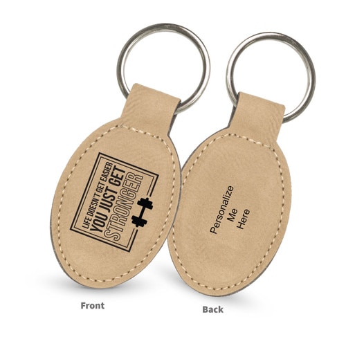 light brown oval leather keychains with life doesn't get easier faith message and personalize me on the back