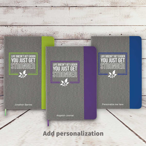 heather gray hardbound journals with green, purple, and blue accents with Life Doesn't Get Easier message and personalization