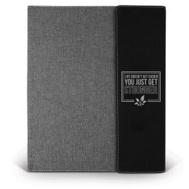 This Large Canvas/Vegan Leather Padfolio With Notepad Features The Inspirational Message “Life Doesn’t Get Easier You Just Get Stronger”