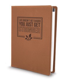 This Large Vegan Leather Padfolio With Notepad Features The Inspirational Message “Life Doesn’t Get Easier You Just Get Stronger”