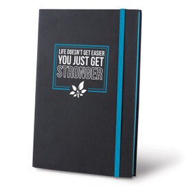 This Matte Black Journal With A Colorful Elastic Band Features The Inspirational Message “Life Doesn’t Get Easier You Just Get Stronger”