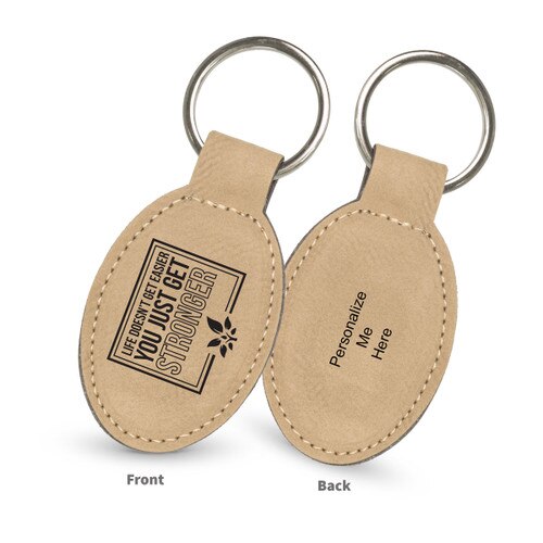light brown oval leather keychains with life doesn't get easier message and personalize me on the back
