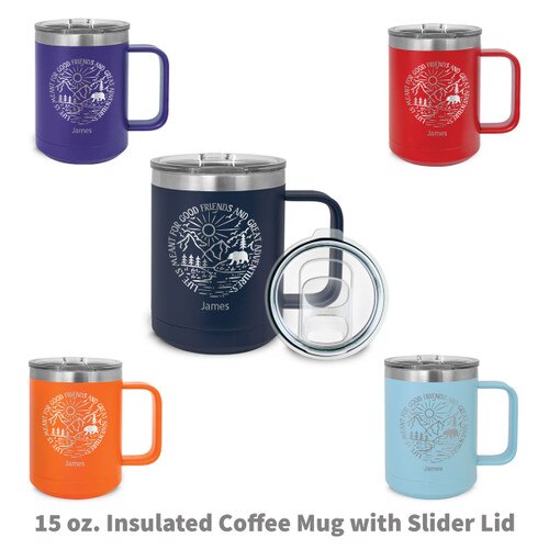 multiple colors of insulated coffee mugs with Life Is Meant For message and personalization