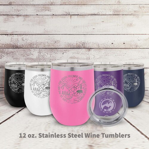 multiple colors of stainless steel stemless wine tumblers with Life Is Meant For message