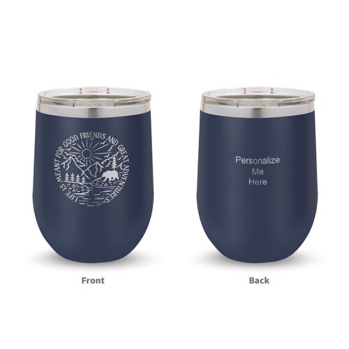 navy blue stainless steel stemless wine tumblers with Life Is Meant For message and pesonalize me on the back