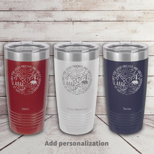 red, white, and navy blue stainless steel tumbler with Life Is Meant For message and personalization