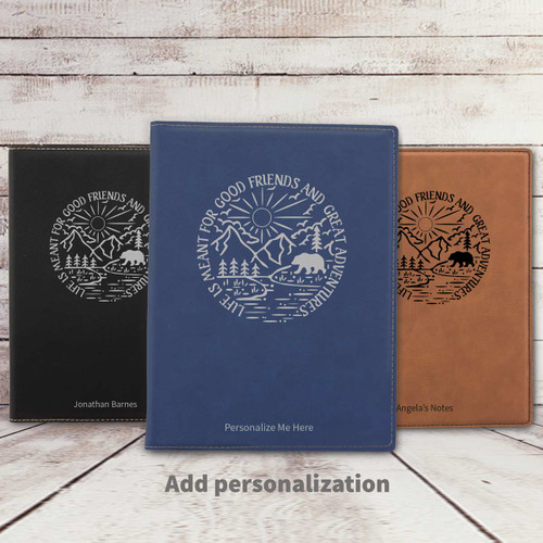 black, blue, and rawhide leather padfolios featuring Life Is Meant For message