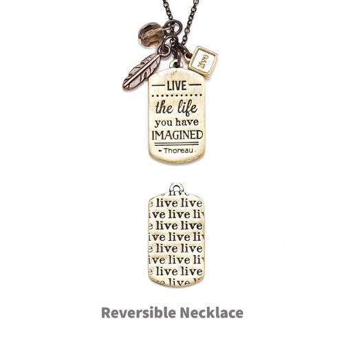 gold reversible necklace with live the life message on front and live on back