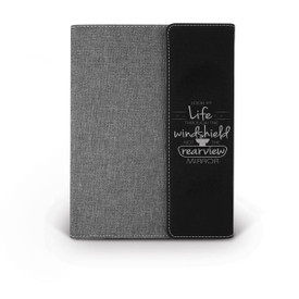 This Canvas/Vegan Leather Padfolio With Notepad Features The Inspirational Message “Look At Life Through The Windshield Not The Rearview Mirror”