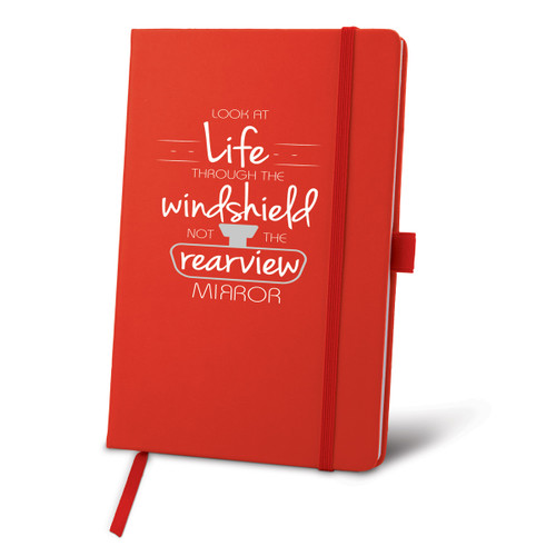 This Hardbound Journal With A Satin Ribbon And Elastic Band Features The Inspirational Message “Look At Life Through The Windshield Not The Rearview Mirror”